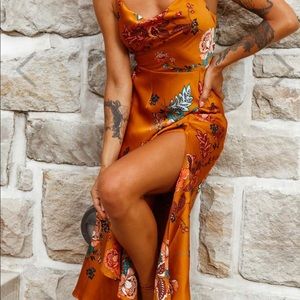 Suki Front Split Midi Dress Oriental Floral Print Mustard